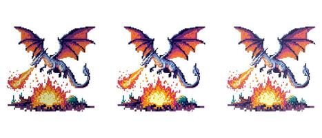 uma pixelizada Dragão respiração fogo, com uma azul corpo e asas destruído a cidade. vetor