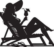 uma mulher relaxante em uma de praia cadeira com bebida, Preto cor silhueta vetor