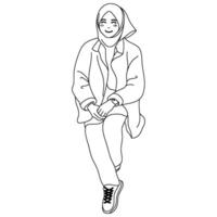 hijab menina sentado baixa esboço ilustração. feliz muçulmano menina Sentou baixa linha arte ilustração. vetor