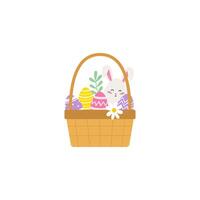 Páscoa Coelho dentro cesta com ovos e flores vetor