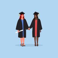 dois mulheres dentro graduação vestidos segurando mãos vetor