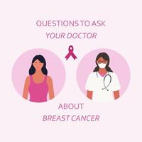 dois mulheres com Rosa fita e a palavras questões para perguntar seu médico sobre seio Câncer vetor