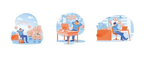 uma jovem homem sentado relaxado dentro uma cadeira. ganhar renda on-line. freelancers trabalhos a partir de lar. passiva renda conceito. conjunto plano ilustração. vetor