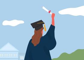 uma mulher dentro uma graduação vestido é segurando uma diploma vetor