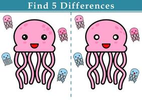 encontrar 5 diferenças. educacional jogos para crianças. ilustração do desenho animado a medusa. Educação planilha imprimível a4 tamanho. vetor