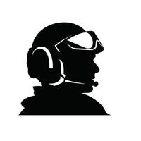 silhueta do uma piloto com óculos e fone de ouvido vetor