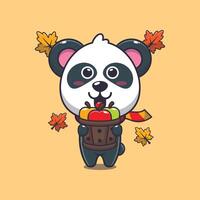 fofa panda segurando uma maçã dentro madeira balde. vetor