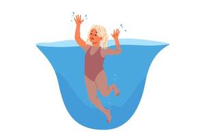 pequeno menina afoga-se dentro água e sufoca enquanto natação dentro piscina, exigindo Socorro do salva-vidas vetor
