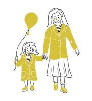 rabisco desenhando do caminhando mãe dela filha com balão e mesmo roupas. contorno mão desenhado plano desenhando isolado em branco fundo. salga acima conceito para logotipo ou adesivo vetor