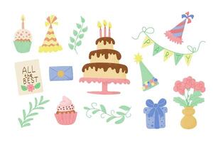 plano aniversário mão desenhado conjunto do Itens para crianças festa com bolo e presentes. na moda texturizado ilustrações dentro doce pastel cores isolado em branco fundo vetor