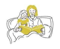 esboçado ilustração do lendo mãe para criança dentro cama. contorno plano rabisco desenhando isolado em branco fundo. mão desenhado salga acima conceito para logotipo ou adesivo vetor