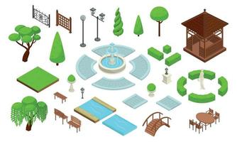 conjunto de ícones de construtor isométrico de paisagismo parque vetor