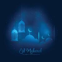azul brilhando eid Mubarak mesquita e lanterna fundo vetor
