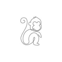 um desenho de linha contínua de um macaco bonito sentado para a identidade do logotipo da selva de conservação. conceito de mascote animal adorável primata para o ícone do parque nacional. ilustração em vetor desenho desenho de linha única