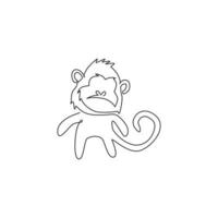 desenho de linha única contínua de macaco andando fofo para a identidade do logotipo do zoológico nacional. conceito de mascote animal adorável primata para ícone de show de circo. ilustração vetorial gráfico de desenho de uma linha vetor