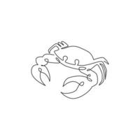 um único desenho de linha de caranguejo bonitinho para a identidade do logotipo. conceito de frutos do mar de sabor delicioso saudável para o ícone do restaurante de comida chinesa. linha contínua moderna desenhar ilustração vetorial de design gráfico vetor