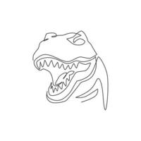 desenho de linha contínua única da cabeça do tiranossauro rex para a identidade do logotipo. conceito de mascote animal pré-histórico para ícone de parque de diversões temático de dinossauros. ilustração em vetor desenho gráfico de uma linha