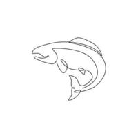 um desenho de linha contínua de salmão grande para a identidade do logotipo de pesca. conceito de mascote de peixe para ícone de lata de fast food. ilustração gráfica de vetor de desenho de linha única