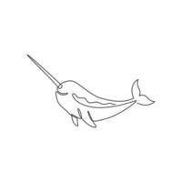 desenho de linha única contínua do adorável narval para a identidade do logotipo. conceito de mascote animal narwhale para ícone de criatura mágica. ilustração em vetor desenho gráfico de uma linha