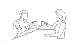 única linha contínua desenhando um jovem casal segurando uma xícara de café quente, preparando um brinde para celebrar o sucesso de um projeto de trabalho de escritório. ilustração em vetor desenho gráfico dinâmico de uma linha