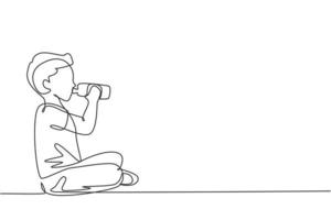 único menino de desenho de linha sentado enquanto desfruta de uma garrafa de leite fresco para cumprir sua nutrição corporal. conceito de saúde e crescimento infantil. ilustração em vetor gráfico design moderno linha contínua