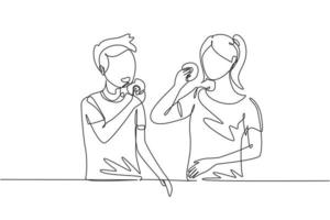 contínua uma linha de desenho jovem casal comendo donuts refeição no restaurante. adolescentes felizes, sorrindo e rindo juntos. falando de estilo de amizade. ilustração gráfica de vetor de desenho de linha única