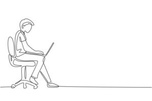 única linha contínua desenho jovem com laptop sentado na cadeira. freelance, ensino à distância, cursos online e conceito de estudo. ilustração em vetor desenho gráfico dinâmico de uma linha