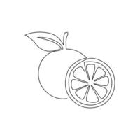 desenho de linha única contínua de laranja orgânica em fatias e inteira saudável para a identidade do logotipo do pomar. conceito de frutas frescas no verão para o ícone de suco de fruta. ilustração em vetor moderno desenho de uma linha