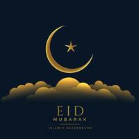 lindo eid Mubarak dourado lua Estrela e nuvens vetor