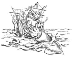 a lendário kraken é atacante a enviar. uma enorme Lula arrasta uma barco a vela embaixo da agua. monocromático desenho. ilustração dentro gravação estilo. composição Sediada em a legendas do marinheiros. vetor