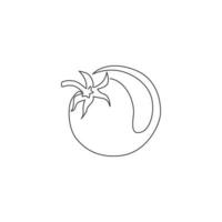 uma única linha que desenha a identidade do logotipo do tomate orgânico saudável inteiro para a agricultura. conceito de vegetal tropical fresco para ícone de jardim vegetariano. ilustração em vetor gráfico design moderno linha contínua