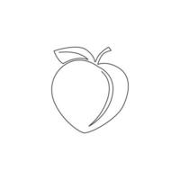 desenho de linha contínua única de pêssego orgânico inteiro saudável para identidade do logotipo de pomar. conceito de fruta fresca para ícone de jardim de frutas. ilustração em vetor design gráfico moderno de uma linha