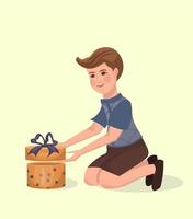 um garotinho desembrulha uma caixa de presente. ilustração vetorial no estilo cartoon vetor