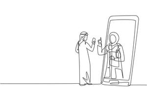 única linha contínua desenho paciente árabe do sexo masculino segurando o smartphone em pé de frente para o smartphone gigante e consultar a médica. médico online. ilustração em vetor design gráfico dinâmico de uma linha