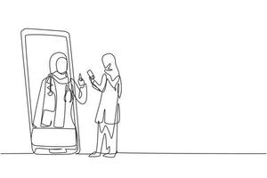 contínua uma linha de desenho hijab paciente feminino segurando o smartphone em pé de frente para o smartphone gigante e consultando a médica. médico online. ilustração gráfica de vetor de desenho de linha única