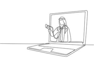 contínua uma linha desenho médico árabe sai da tela do laptop segurando o estetoscópio. serviços médicos online, conceito de consulta médica. ilustração gráfica de vetor de desenho de linha única