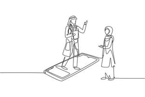 única linha contínua desenho médico árabe masculino em pé no smartphone, na frente de sua paciente do sexo feminino hijab em pé. serviços médicos online. ilustração em vetor desenho gráfico dinâmico de uma linha