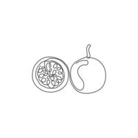 uma linha contínua que desenha a identidade do logotipo de maracujá orgânico e saudável para pomar. conceito de frutas frescas no verão para o ícone do jardim de frutas. ilustração em vetor gráfico moderno desenho de linha única