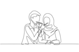 único desenho de linha contínua casal árabe romântico alimentando um ao outro. se divertindo jantar juntos no restaurante. comemorar aniversários de casamento. ilustração em vetor desenho gráfico de uma linha