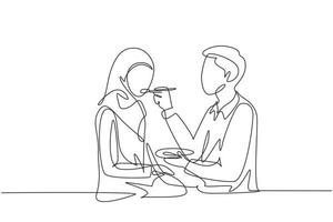 contínuo um desenho de linha romântico homem árabe alimenta sua esposa. casal jovem feliz jantar juntos no restaurante. comemorar aniversários de casamento. ilustração gráfica de vetor de desenho de linha única