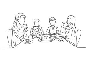 um único desenho de linha diner árabe pais e filhos juntos. família fazendo a refeição ao redor da mesa da cozinha. feliz papai, mamãe e crianças comendo. linha contínua desenhar design gráfico ilustração vetorial vetor