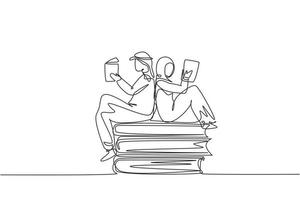 única linha de desenho de estudantes árabes, mulher e homem lendo, aprendendo e sentado em grandes livros. estudo na biblioteca. fãs ou amantes da literatura. linha contínua desenhar design gráfico ilustração vetorial vetor