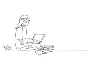 contínua uma linha desenhando estudantes árabes do sexo masculino, estudando com laptop, pilha de livros e sentados no parque. volta às aulas, educação online. ilustração gráfica de vetor de desenho de linha única