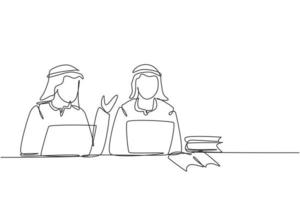 contínua uma linha desenhando dois jovem árabe estudando com o laptop e a pilha de livros. de volta às aulas, alunos inteligentes, conceito de educação online. ilustração gráfica de vetor de desenho de linha única