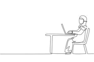único desenho de linha árabe garota com laptop sentado na cadeira ao redor da mesa. ensino à distância, cursos online e conceito de estudo. ilustração em vetor gráfico design moderno linha contínua