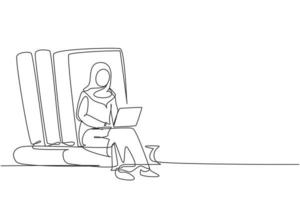única linha contínua desenho mulher árabe, estudando com laptop e sentar e se encostar em livros grandes. de volta às aulas, aluno inteligente, educação online. ilustração em vetor desenho gráfico de uma linha