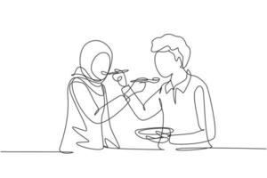 único desenho de linha contínua casal árabe romântico alimentando um ao outro. se divertindo jantar juntos no restaurante. comemorar aniversários de casamento. ilustração em vetor desenho gráfico de uma linha