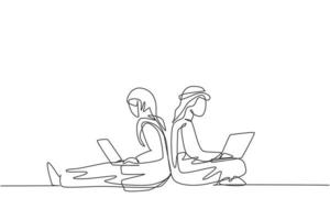 linha contínua única desenho casal árabe com laptop sentado e inclina-se um sobre o outro. freelance, ensino à distância, cursos online e estudos. ilustração em vetor desenho gráfico de uma linha