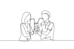 linha contínua única desenho jovem casal bebendo usando canudos e copos grandes juntos. comemore aniversários e desfrute de um jantar romântico. ilustração em vetor desenho gráfico dinâmico de uma linha