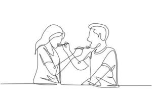 contínuo um desenho de linha jovem casal romântico alimentando um ao outro. se divertindo jantar juntos no restaurante. comemorar aniversários de casamento. ilustração gráfica de vetor de desenho de linha única